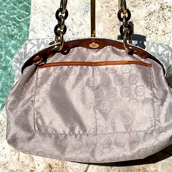 Michael Kors Cynthia Wht/Brn Sig. Coated Pebbled Leather Satchel/Tote/Crossbody - Picture 11 of 17